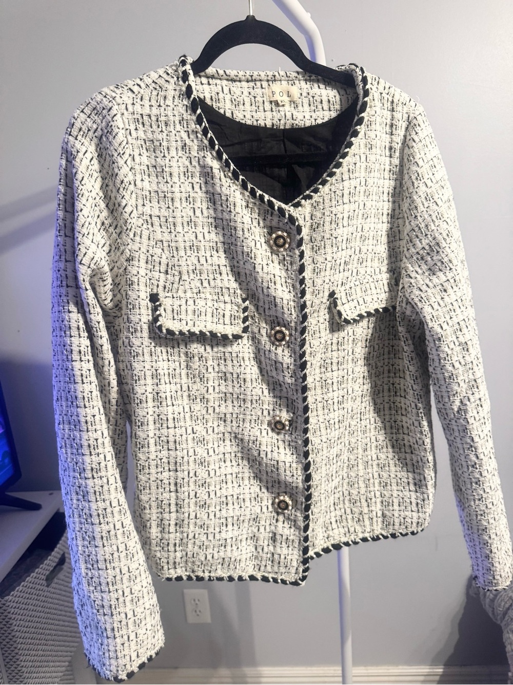 POL Textured Tweed Button Jacket - White with Black Trim